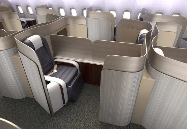 Luxuriöses Kabineninterieur der Business Class mit metallischer Goldtrennung. — Stockfoto