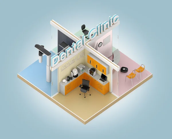 Isometric view of dental clinic model with CAD/CAM devices. 3D rendering image with clipping path — Stock Photo, Image