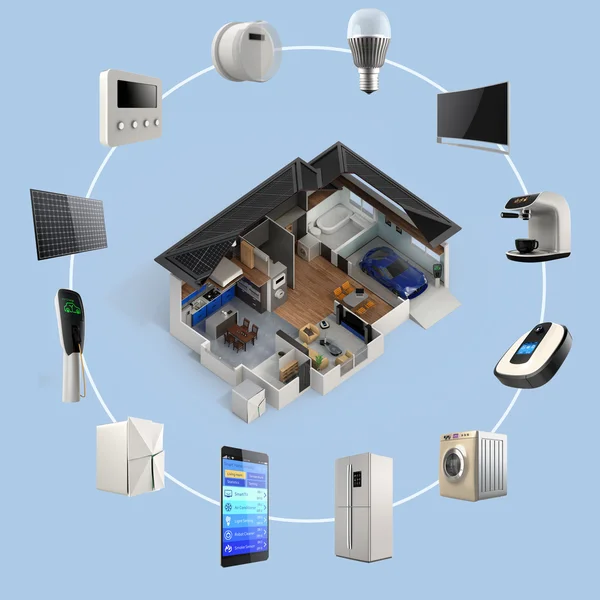 Infografías 3D de la tecnología de domótica inteligente. Aparatos inteligentes miniatura imagen disponible . — Foto de Stock