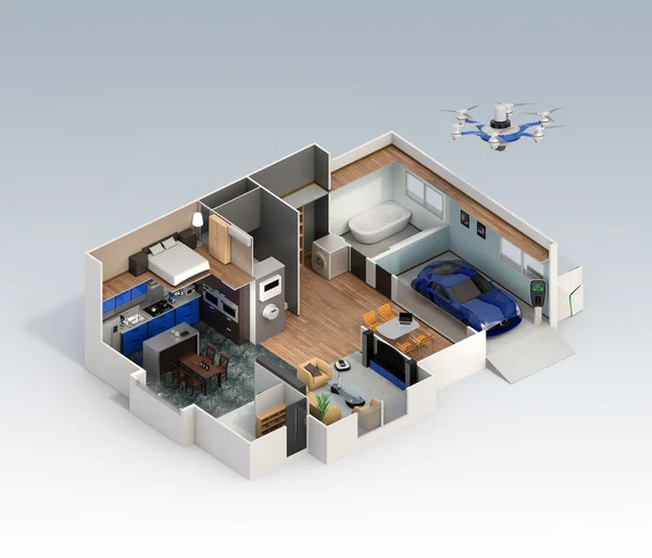 Cutaway view of smart house with automation technology