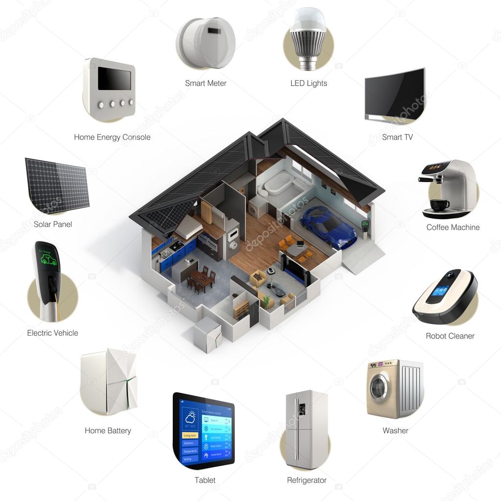 3D infographics of smart home automation technology.