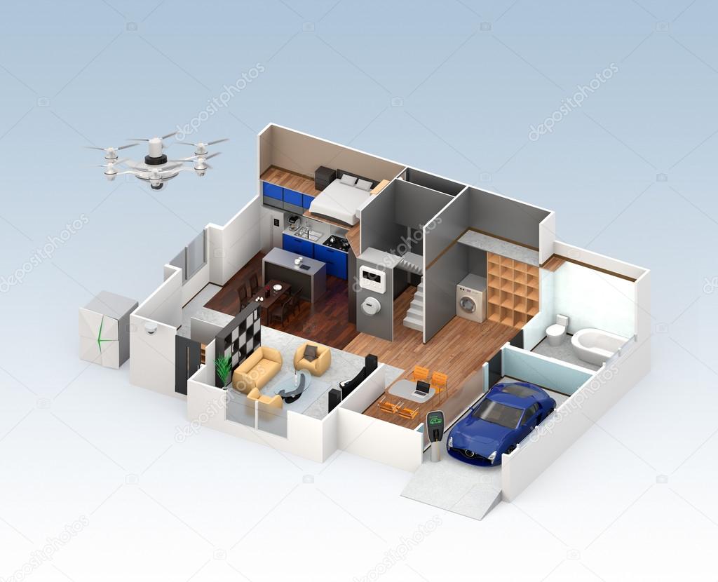Cutaway view of smart house with automation technology