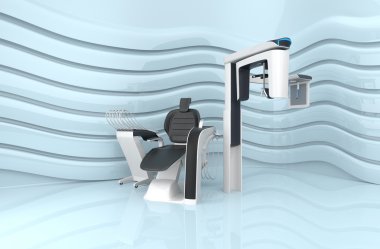 Dental chair and dental 3D CT on light blue background clipart