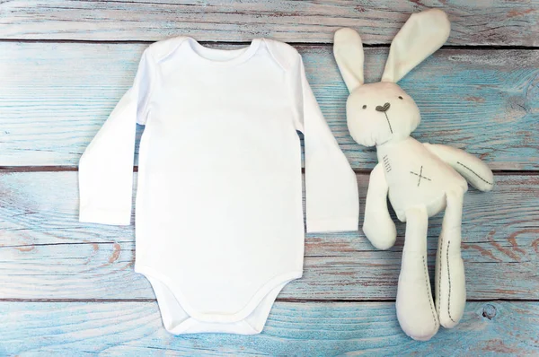 Top View White Baby Bodysuit Long Sleeve Wooden Background Copy — Stock Photo, Image