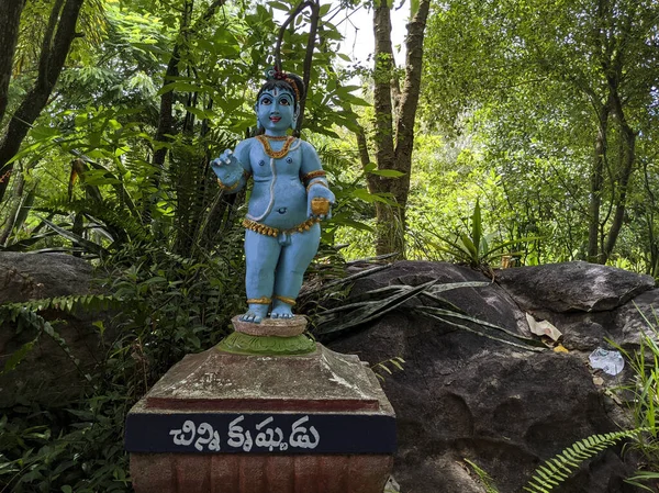 Blick Auf Lord Little Sri Krishna Stehendes Idol Isoliert Natursteingarten — Stockfoto