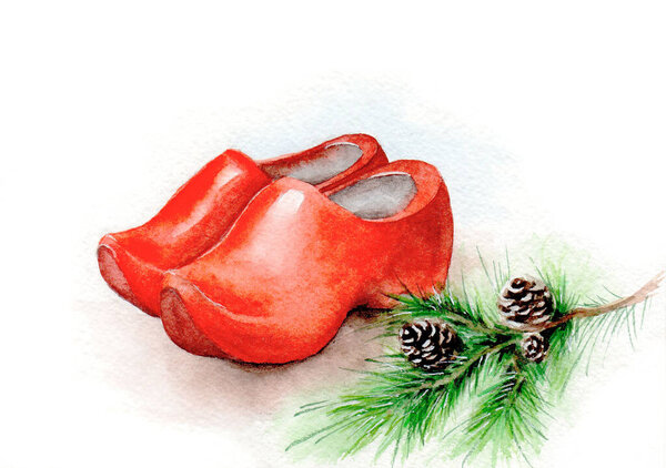 Holland wooden clomps with spruce branch. netherland, new year, christmas.