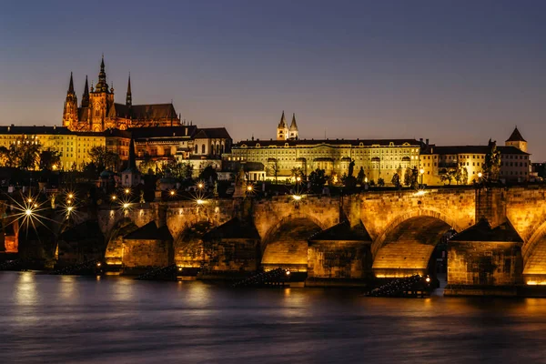 Vykort Utsikt Över Natten Prag Panorama Huvudstad Tjeckien Fantastisk Europeisk — Stockfoto