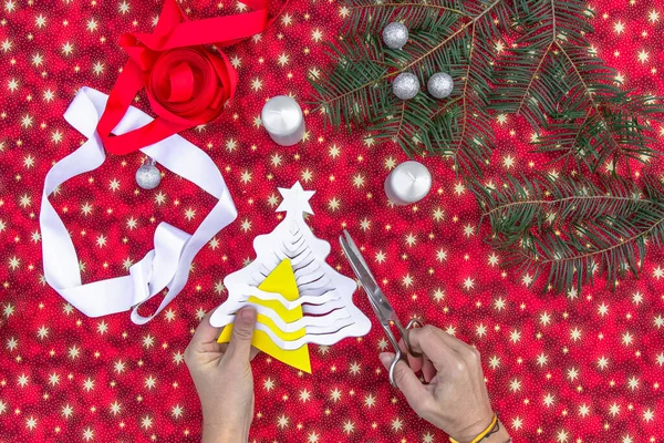 Christmas Background Homemade Christmas Tree Hands Woman Creating Christmas Decoration — Stock Photo, Image