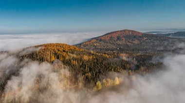 Aerial view of morning foggy landscape. Fall autumn peaceful scenery. Misty calm atmosphere. Drone photo of Czech mountains. Trees in fog. Fairy tale land.Meditation dreamy concept. clipart
