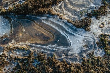 Soyut bir arkaplan, donmuş su birikintisindeki çatlak buz. Donmuş suda buz parçaları. Buz parçaları kırıldı. Kışın çamurda donmuş su birikintisi üzerindeki buz parçaları. Mevsimsel hava durumu..
