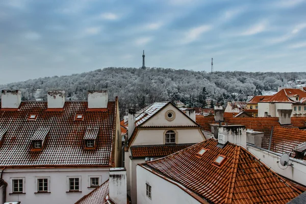 Vue Panoramique Sur Toit Prague Petrin Lookout Tower Par Une — Photo