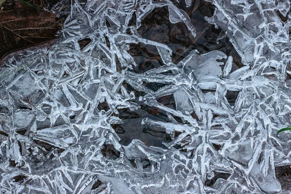 Abstract winter background, cracked ice on frozen puddle. Ice fragments on frozen water. The ice broken pieces.Ice on a frozen water puddle in winter morning.Seasonal weather scene.Low temperature