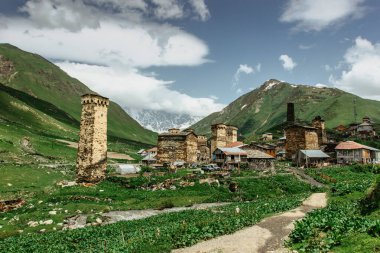 Ushguli, Gürcistan 'daki kırsal taş kule evleri. UNESCO sitesi. Büyük Kafkasya dağlarını keşfediyorum. Popüler turizm merkezleri. Deniz manzarası, yeşil çayırlar, karlı dağlar.