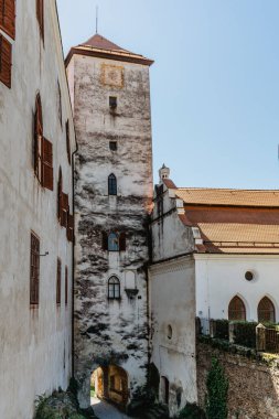 Bitov, Çek Cumhuriyeti - 7 Ağustos 2021 'de Vranov rezervuarı yakınlarındaki Zeletavka Nehri' nin üzerinde dik bir tepe üzerinde kurulmuş bir kale. Çek-Avusturya sınırı yakınlarındaki Popüler Gotik şatosu derin ormanlara tepeden bakıyor.