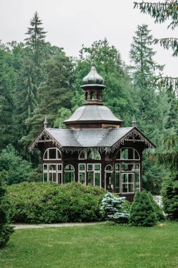 Çek Cumhuriyeti 'nin Karlova Studanka kentindeki şifalı bahardan kalma şifalı maden suyu ile Pavilion içmek. Ünlü spa kasabasında sağlıklı su. Solunum hastalıklarının doğal terapisi. Tedavi konsepti..