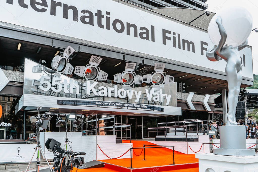 Karlovy Vary,Czech Republic - August 20,2021. Entrance with red carpet to famous Hotel Thermal during 55th International Film Festival.Important social event for celebrities and movie fans.