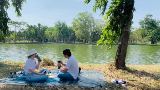 Asiático Casal Piquenique Conjunto Com Felicidade Sentindo Parque Com Lago — Vídeo de Stock
