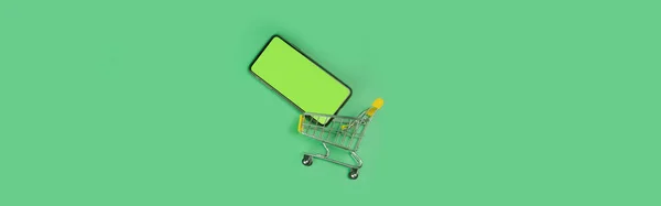 web banner add to cart and shopping from home with flat lay shopping object and activity on green screen background