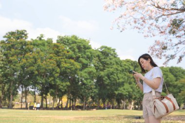 Asyalı kadın rahatla ve bahar mevsiminde ağacın altında pembe çiçekli telefon kullan.
