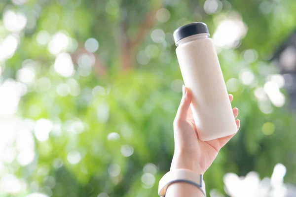 Lebensmittel Hintergrund Mit Milch Der Flasche Und Frühstück Halten Von — Stockfoto