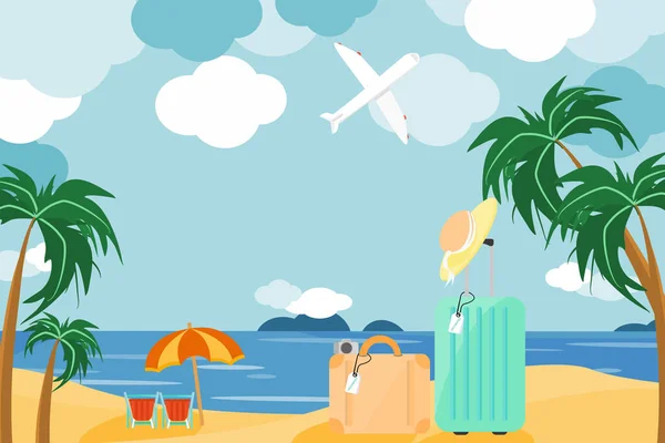 Багаж Путешествий Песке Фоне Морского Пляжного Кресла Летним Отдыхом Таиланде — стоковый вектор