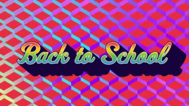 Kırmızı zemin üzerinde hareket eden çoklu mor kare şekillerin okul metinlerine dönüş videosu. eğitim ve okul konsepti