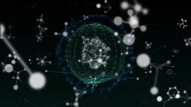 Moleküllerle dijital arayüzün ve siyah arkaplanda dönen bağlantı ağının animasyonu. Dijital olarak oluşturulan küresel bilgisayar ağı teknolojisi kavramı.