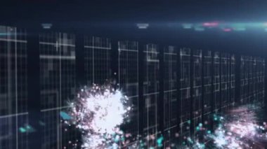 Arka planda havai fişek izleri patlaması olan bağlantı ağı ve veri işleme ağıyla dijital arayüzün animasyonu. Dijital olarak oluşturulan küresel bilgisayar ağı teknolojisi kavramı.