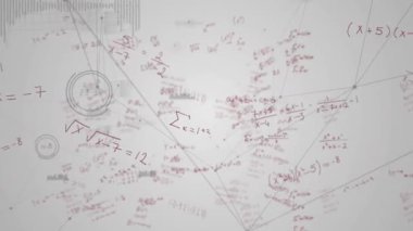 Arka planda beyaz kağıt üzerinde hareket eden el yazısıyla yazılmış matematiksel denklemler üzerinden bağlantı ağının animasyonu. Küresel bilim öğrenme eğitim kavramı dijital olarak oluşturulmuş görüntü.
