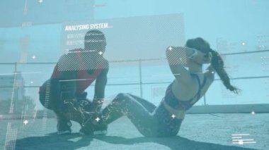 Metin, dürbün, tarama ve kadın ve erkeğin egzersiz yapması ve mekik çekmesi ile dijital arayüzün animasyonu. Dijital olarak oluşturulan küresel bilgisayar ağı teknolojisi kavramı.