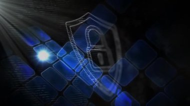 Çevrimiçi güvenlik asma kilit ikonu ve mavi karelerdeki veri işleme ile dijital arayüzün animasyonu. Dijital olarak oluşturulan küresel bilgisayar ağı teknolojisi kavramı.
