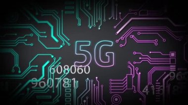 Simgeler ve veri işleme ile dijital arayüzün animasyonu. Küresel bilgisayar ağı teknolojisi 5G konsepti dijital olarak oluşturuldu.