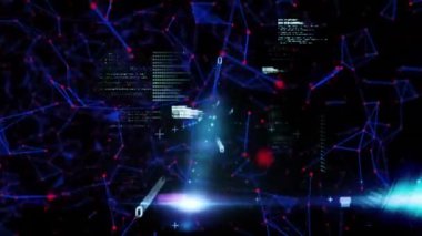 Mavi arkaplandaki bağlantı ağı ve veri işleme ağıyla dijital arayüzün animasyonu. Dijital olarak oluşturulan küresel bilgisayar ağı teknolojisi kavramı.