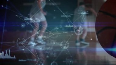 Okuldaki dersler sırasında spor salonunda koşan okul çocukları arasındaki bağlantı ağının animasyonu. Küresel öğrenim okulu konsepti dijital olarak oluşturulmuş imaj.