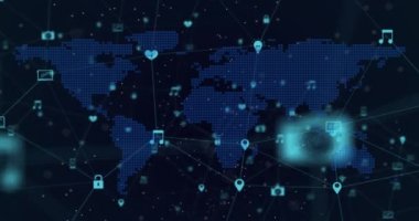 Dünya haritası üzerindeki simgelerle olan bağlantı ağıyla dijital arayüzün animasyonu. Dijital olarak oluşturulan küresel bilgisayar ağı teknolojisi kavramı.