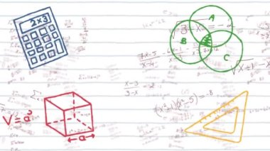 Okul simgelerinin el yazısıyla yazılmış matematiksel denklemler üzerinde canlandırılması arka planda beyaz çizgili kağıt üzerinde hareket ediyor. Küresel bilim öğrenme eğitim kavramı dijital olarak oluşturulmuş görüntü.