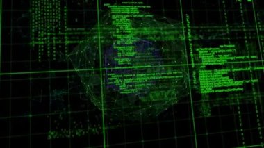 Şebeke ve veri işleme ile dijital arayüzün animasyonu, siyah arkaplanda dönen ağ bağlantılarının küresi. Dijital olarak oluşturulan küresel bilgisayar ağı teknolojisi kavramı.