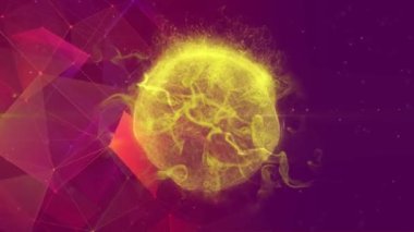 Sarı küre patlamalarıyla dijital arayüzün animasyonu ve mor arkaplandaki bağlantı ağı. Dijital olarak oluşturulan küresel bilgisayar ağı teknolojisi kavramı.