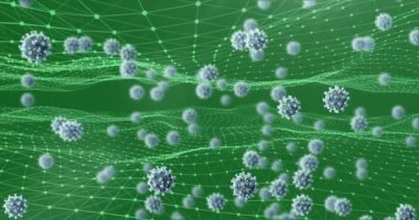 Çoklu Covid 19 hücre ve bağlantı ağıyla dijital arayüzün animasyonu. Küresel koronavirüs salgını bilgisayar ağı teknolojisi konsepti dijital olarak oluşturulmuş görüntü.