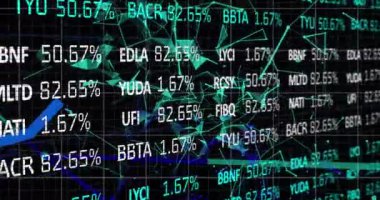 Mavi çizgiler, sayılar ve finansal veri işleme ile dijital arayüzün animasyonu. Dijital olarak oluşturulan küresel bilgisayar ağı teknolojisi kavramı.