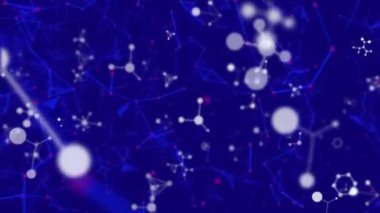 Moleküllerle dijital arayüzün ve mavi arkaplandaki bağlantı ağının animasyonu. Dijital olarak oluşturulan küresel bilgisayar ağı teknolojisi kavramı.