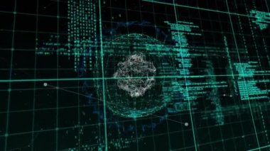 Dünya, bağlantılar ağı ve veri işleme ile dijital arayüzün animasyonu. Dijital olarak oluşturulan küresel bilgisayar ağı teknolojisi kavramı.