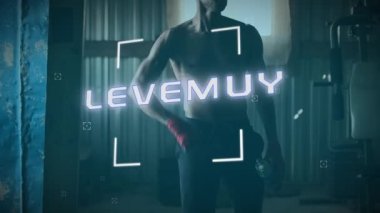 Dürbünle dijital arayüzün animasyonu tarama, metin, işaret ve insan egzersizi ve boks üzerine veri işleme. Dijital olarak oluşturulan küresel bilgisayar ağı teknolojisi kavramı.