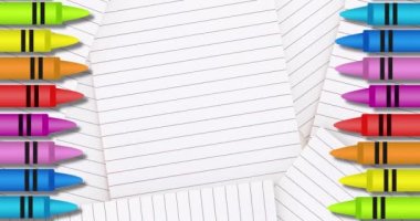 Arka plandaki beyaz çizgili kağıdın üzerinde ve sağında birden fazla renkli boya kalemlerinin animasyonu. Küresel bilim öğrenme eğitim kavramı dijital olarak oluşturulmuş görüntü.