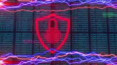 Biyometrik çevrimiçi güvenlik kilidi ikonu ve veri işleme ile dijital arayüzün animasyonu. Dijital olarak oluşturulan küresel bilgisayar ağı teknolojisi kavramı.