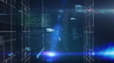 Teknoloji odasındaki bilgisayar sunucularıyla dijital arayüzün animasyonu ve veri işleme. Dijital olarak oluşturulan küresel bilgisayar ağı teknolojisi kavramı.