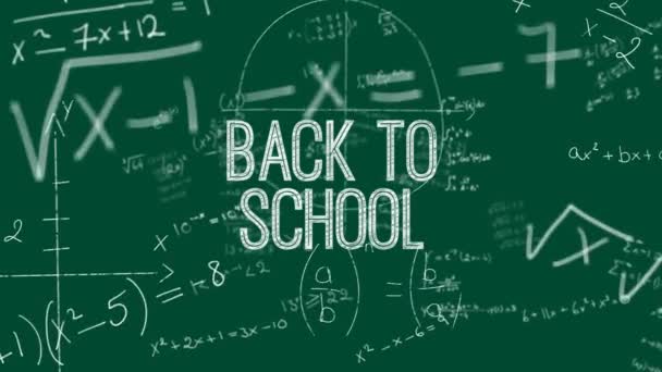 Animation Back School Text Handwritten Mathematical Equations Moving Green Background — Stock Video