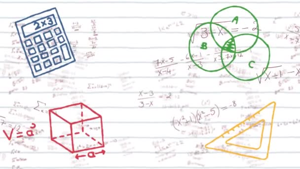 Анімація Шкільних Іконок Над Рукописними Математичними Рівняннями Рухаються Над Білим — стокове відео