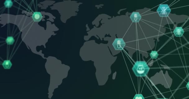 Animación Interfaz Digital Con Iconos Médicos Red Conexiones Sobre Mapa — Vídeo de stock