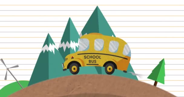 Animação Ônibus Escolar Que Atravessa Cidade Com Edifícios Árvores Papel — Vídeo de Stock